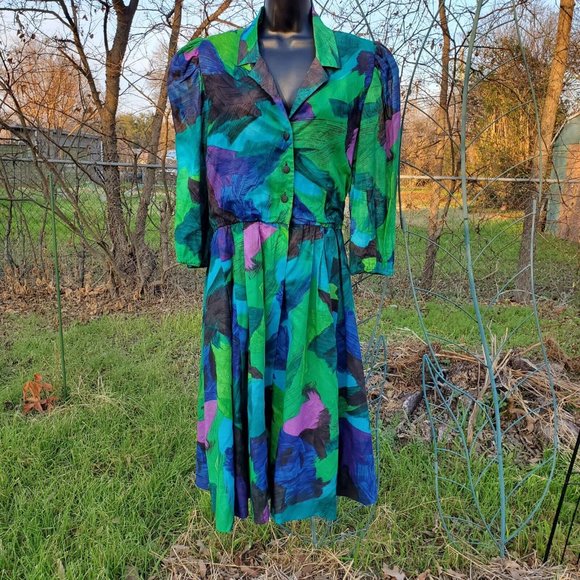 Doncaster Dresses & Skirts - Vintage Doncaster Blue Purple Abstract Dress SZ 14 Mod Art to wear Swing